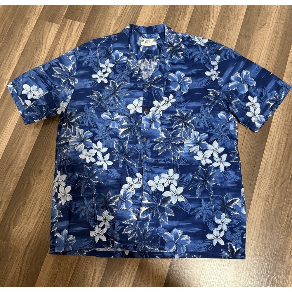 Vintage Two Palms Men's 2XL Hawaiian Shirt Made in Honolulu Hibiscus Blue Cotton